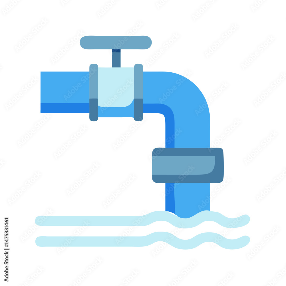 Simple blue faucet over water flowing with waves icon Simple blue faucet over water flowing with waves icon