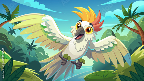  portrait close up Cartoon cockatoo parrot fly animation frames sequence. Animated sprites loop of tropical bird flying in sky. Parrot wing motion cycle. Exotic adorable fauna character flight Very be