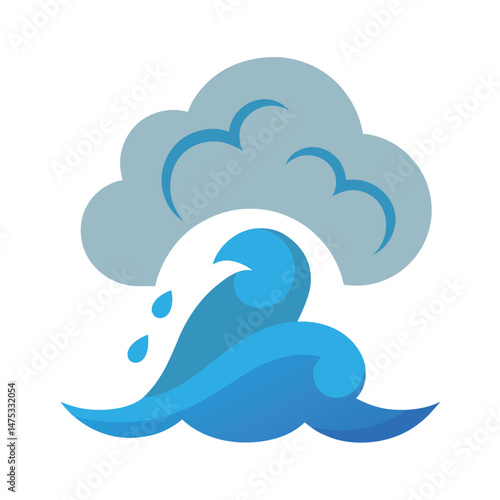 Grey cloud raining over blue waves vector graphic illustration design