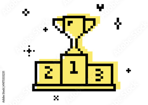 Awards ceremony icon. Y2k inspired sport podium sticker. Winners podium in pixel art. Pixels pedestal. 8 bit retro style trophy isolated vector illustration. Game abstract element