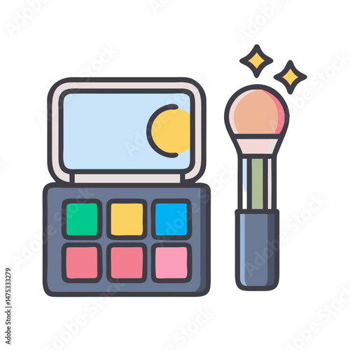 Stylized eyeshadow palette and brush on solid background