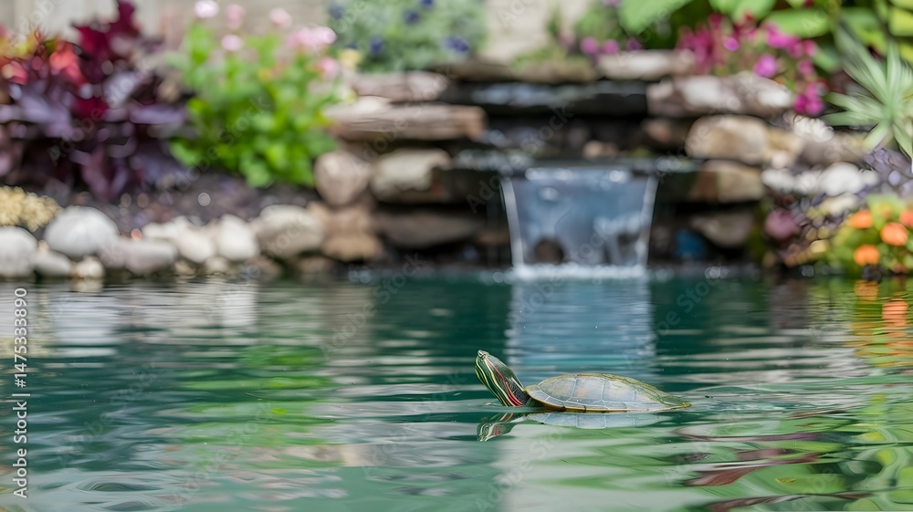 Naklejka premium A serene pond with a turtle, gentle waterfall, and lush greenery. The water's surface reflects the sunlight, creating a tranquil scene