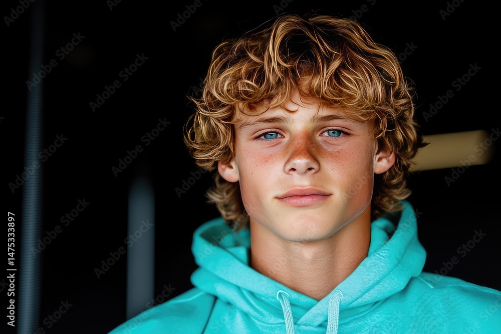 Fototapeta premium Portrait of a Young Man with Curly Hair in a Turquoise Hoodie Against a Dark Background