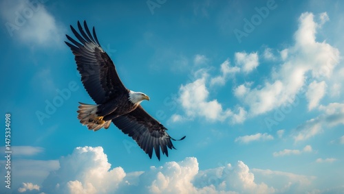 Fototapeta Naklejka Na Ścianę i Meble -  Birdwatching scene of a soaring eagle amidst a serene, open sky with clouds, highlighting the majesty of raptors and outdoor adventure.
