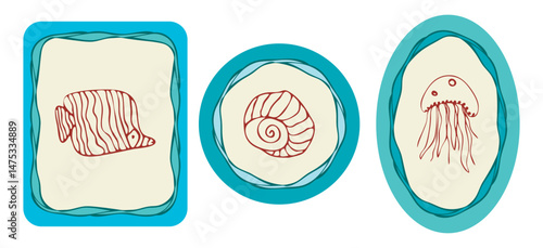 Doodle wave line, marine life frame set. Hand drawn perfect ink stroke border, cartoon style design, sea animal medusa, shell, fish outline linear elements. Blue colour palette. Vector illustration