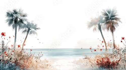 Tranquil Tropical Landscape with Swaying Palm Trees and Serene Ocean View  Idyllic beach scene with lush foliage blue sky and calm waters under a warm golden sunlight