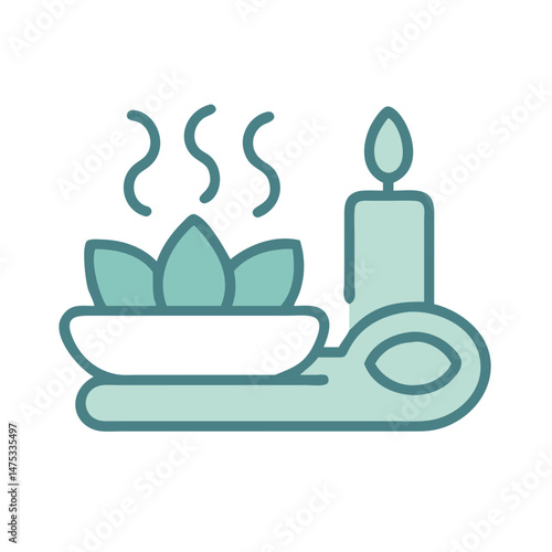 Spa aromatherapy bowl with steaming flowers and lit candle