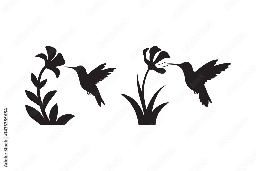 Fototapeta premium Hummingbird Silhouette Feeding on Flowers Minimal Nature Vector Design