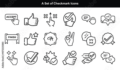 Approval Outline Icon Set with Hand Gestures and Checkmarks on Transparent Background