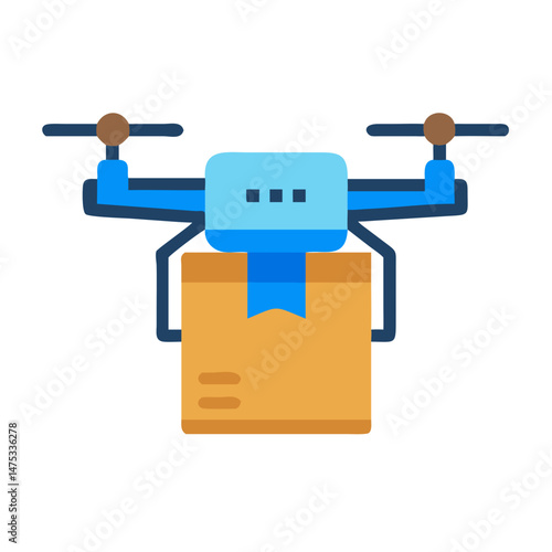 Drone delivering parcel package with a blue ribbon online order