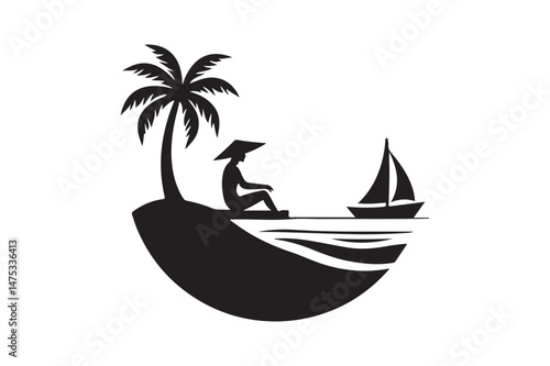 Tropical Island Silhouette with Person, Palm Tree, and Sailboat Minimalist Vector Art