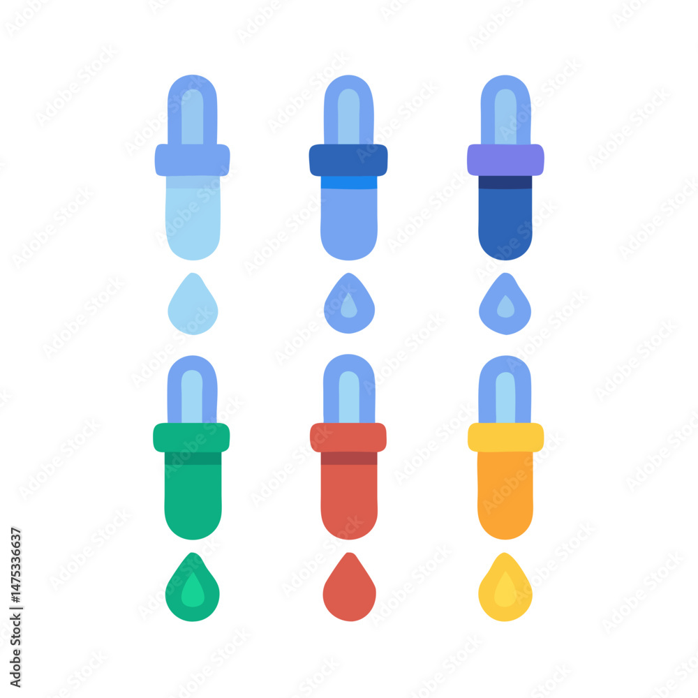 Fototapeta premium Colorful eyedroppers with water droplets on a black background