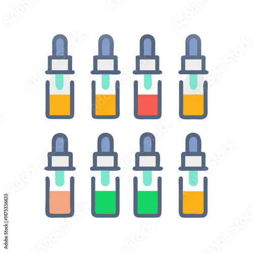 Colorful dropper bottles arranged on dark background design asset
