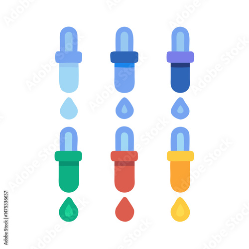 Colorful eyedroppers with water droplets on a black background