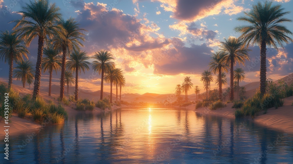 Fototapeta premium Serene desert oasis at sunset. Palm trees line a calm river reflecting the golden light of the setting sun. Sandy desert banks
