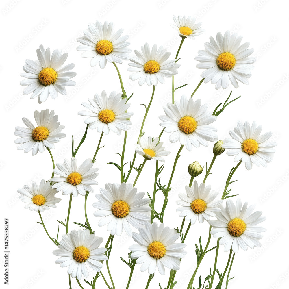 Daisies in full bloom on a clean Transparent background showcasing their vibrant colors and charm, Daisies isolated on PNG background Daisies in full bloom on a clean Transparent background showcasing their vibrant colors and charm, Daisies isolated on PNG background