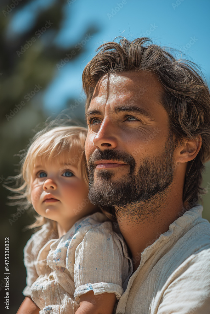 Fototapeta premium Père et enfant profitant d’une promenade au soleil près de la mer, ambiance estivale détendue avec palmiers, sourires complices et lumière naturelle chaleureuse