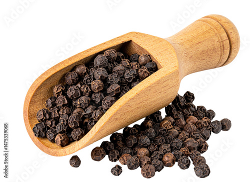 Wooden Scoop Filled with Black Peppercorns, PNG Isolated