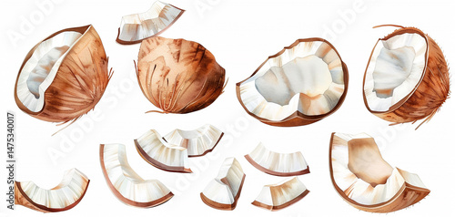 set of dried coconut isolated on white background. top view