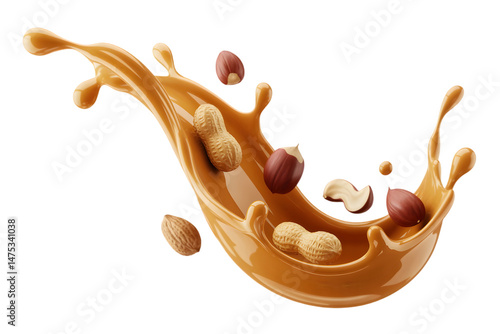 Caramel Splash With Peanuts And Hazelnuts On White Background Isolated Rendering
