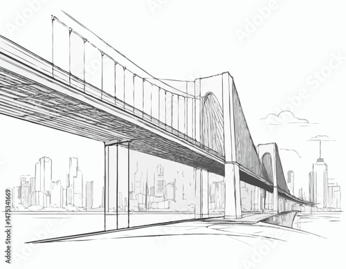 Linear Architectural Sketch of a Modern Bridge, Urban Infrastructure Design for Engineering Presentations and Construction Company Logos.