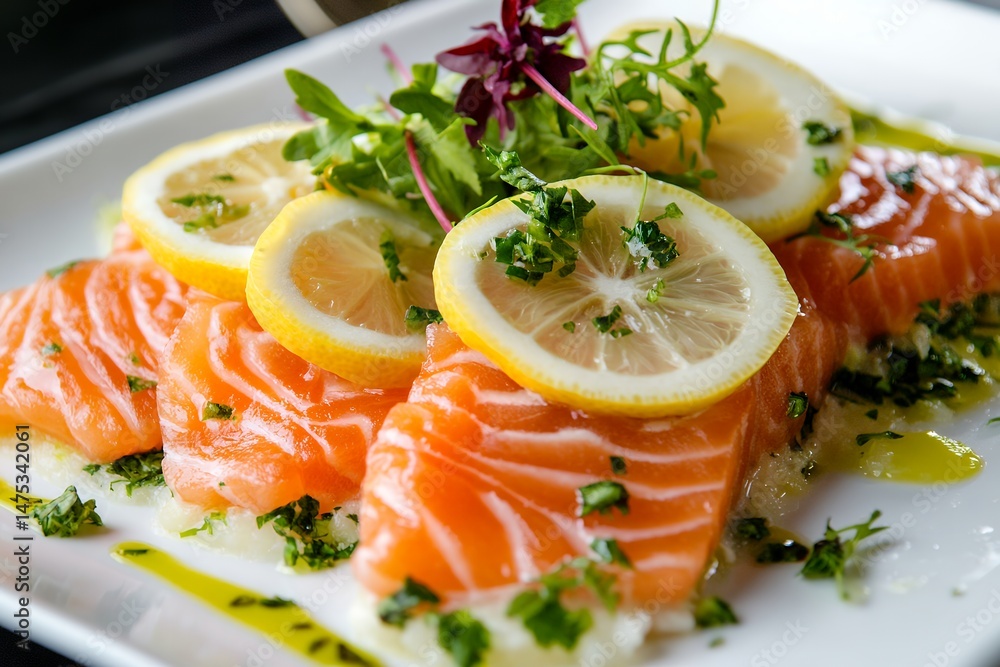Fresh salmon carpaccio with lemon slices and herbs on white plate Fresh salmon carpaccio with lemon slices and herbs on white plate