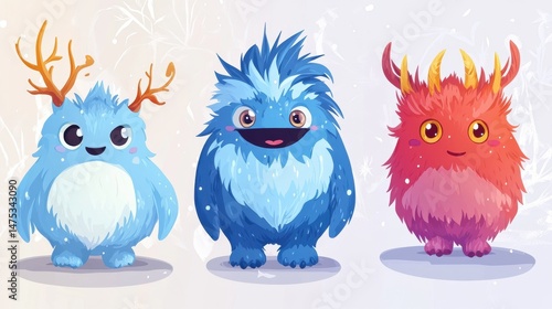 Cute Monsters. Vector Set. Kids cartoon character design for poster, baby products logo and packaging design. illustration , no logos, no brands