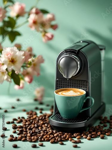 A brown cup of hot coffee with roasted beans offers a fresh, caffeinated drink