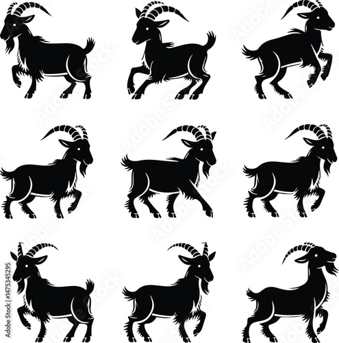 Goat Silhouette Set | Farm Animal Vector Graphics Goat Silhouettes Collection | Livestock, Nature, and Agriculture Icons