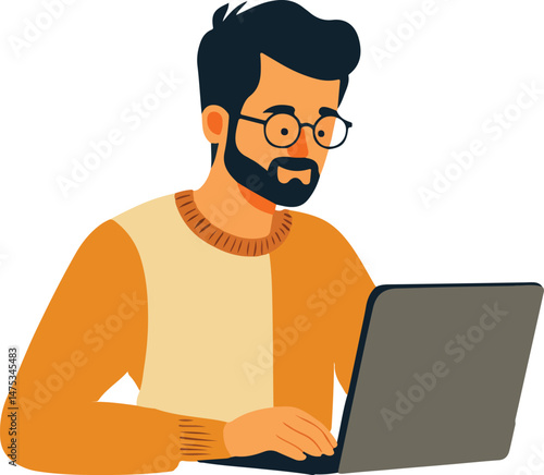Man Working on Laptop Vector Illustration on Transparent Background