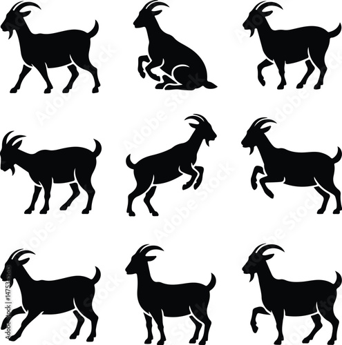 Goat Silhouette Set | Farm Animal Vector Graphics Goat Silhouettes Collection | Livestock, Nature, and Agriculture Icons