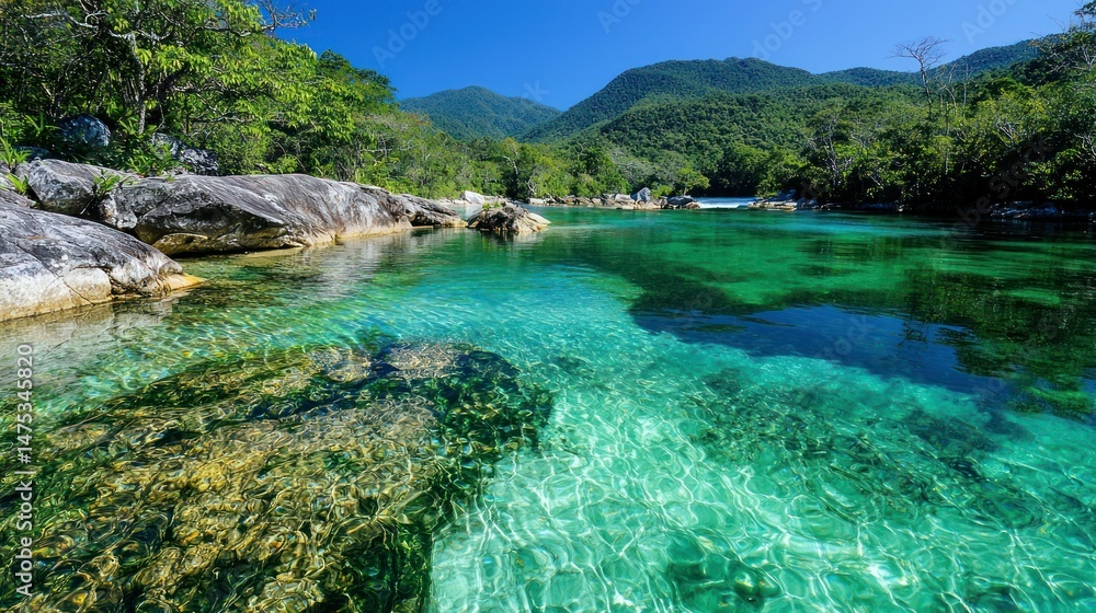 Naklejka premium Clear turquoise water flows through a lush green landscape perfectly