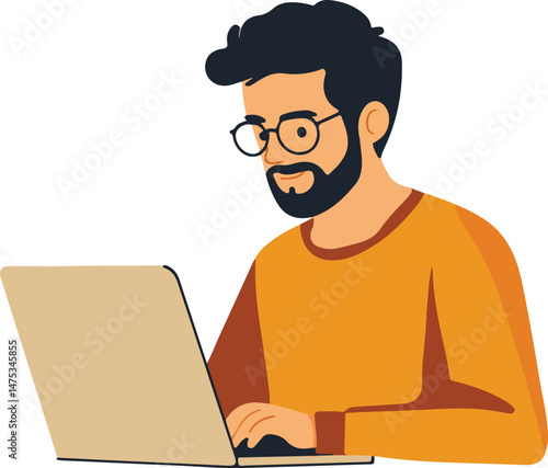 Man Working on Laptop Vector Illustration on Transparent Background