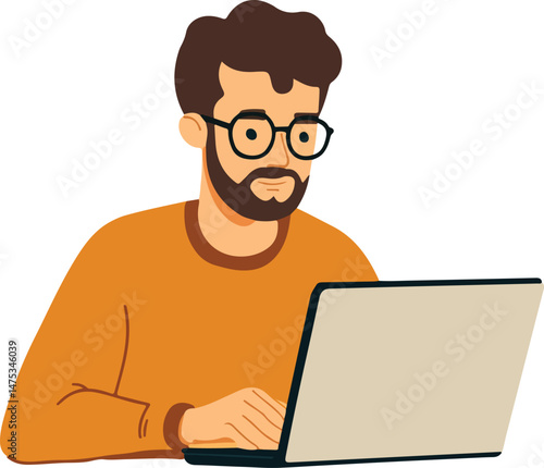 Man Working on Laptop Vector Illustration on Transparent Background