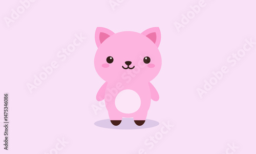 A cheerful pink cartoon cat standing upright with a round belly and rosy cheeks on a soft pink backdrop