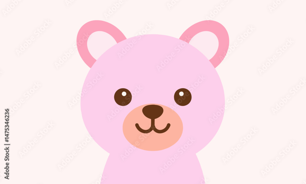 Fototapeta premium A simple and adorable pink bear face with round brown eyes and a peach snout, drawn in minimalist style on a cream background