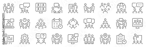 Meeting thin line icons set. Business meeting, seminar, conference, interview icon. Editable stroke. Vector