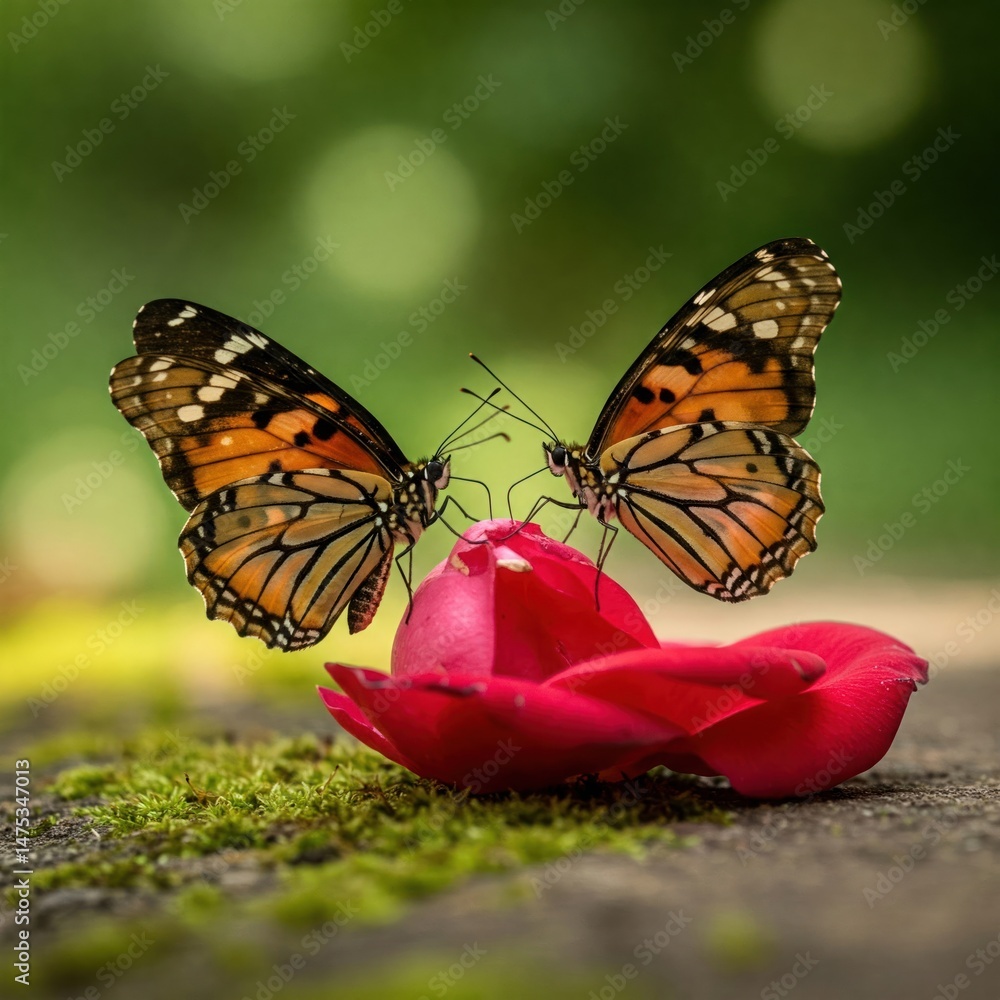 Fototapeta premium Two butterflies are sitting on a rose petal facing each other.