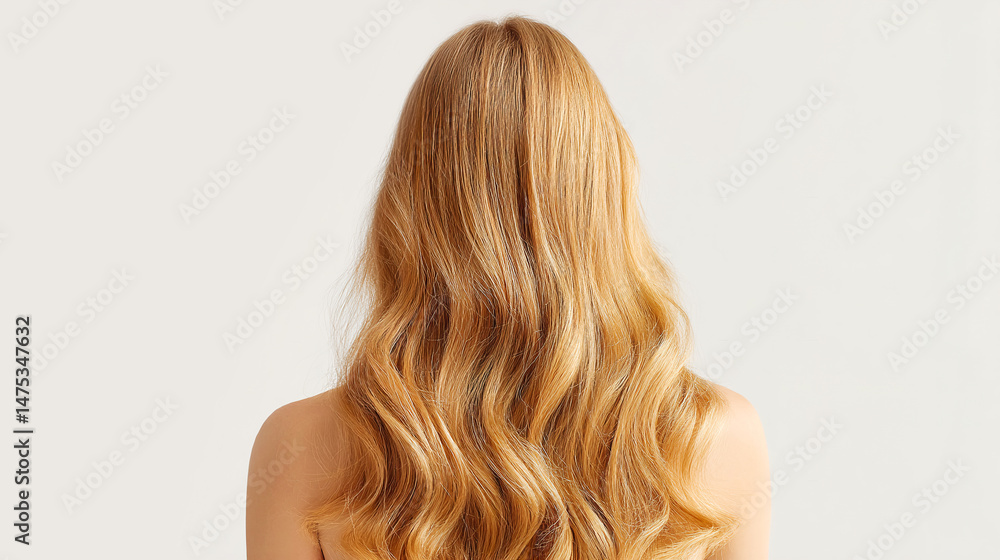 Naklejka premium Beautiful woman with wavy silky long blond hair on neutral background. Hair salon beauty shop. Cosmetics fashion concept
