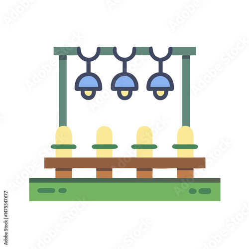 Stylized illustration of seating area with fence and lamps