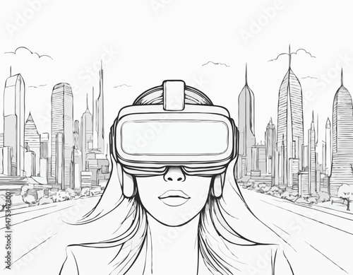 Simple Line Drawing of a Futuristic Cityscape Viewed Through a Virtual Reality Headset, Connecting the Real and Virtual.