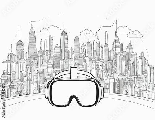 Simple Line Drawing of a Futuristic Cityscape Viewed Through a Virtual Reality Headset, Connecting the Real and Virtual.