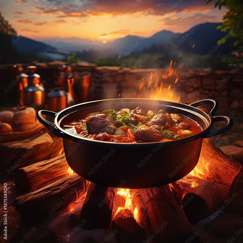 Fototapeta premium Gusseiserner Topf mit Eintopf auf der Feuerschale