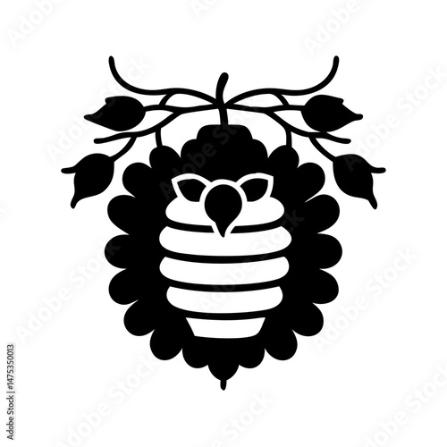 Stylized black beehive with leaves and branches on a white background