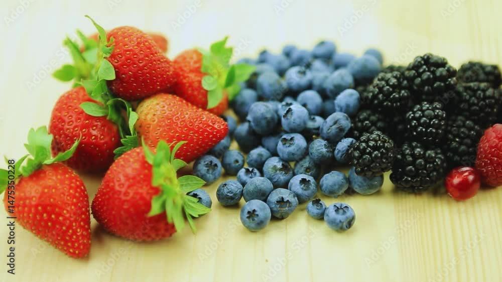 Fresh, ripe red raspberries and sweet blueberries are juicy summer berries, a healthy and organic mixed fruit dessert on a wooden table Fresh, ripe red raspberries and sweet blueberries are juicy summer berries, a healthy and organic mixed fruit dessert on a wooden table