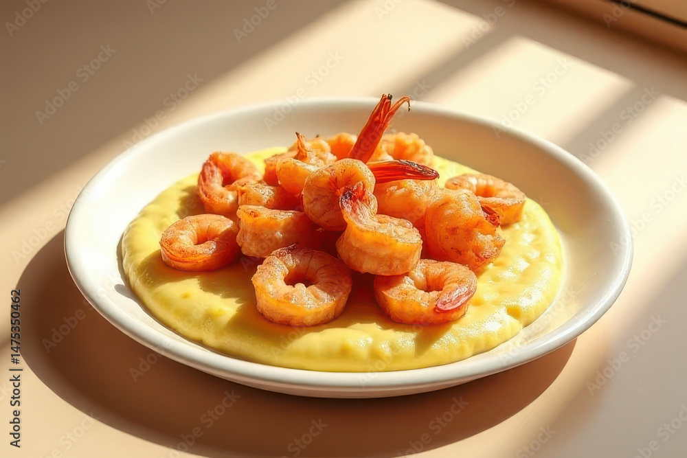 Tempting Shrimp and Grits: Clean Food Photography with Warm Taupe Background and Window Backlight Tempting Shrimp and Grits: Clean Food Photography with Warm Taupe Background and Window Backlight