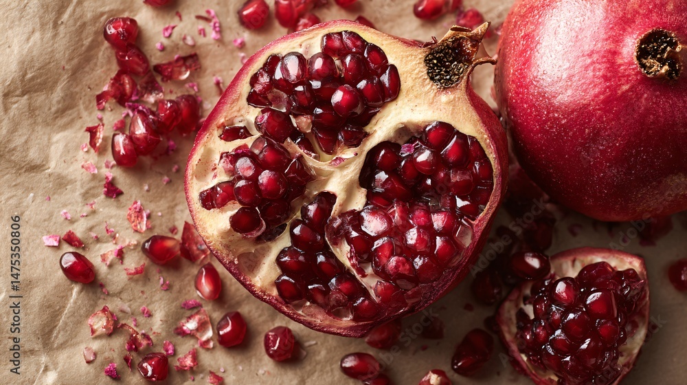 Flat lay of open pomegranate surrounded by crumbs and seeds on rustic paper Flat lay of open pomegranate surrounded by crumbs and seeds on rustic paper