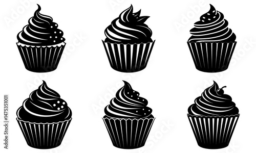 Illustration of six black and white cupcakes with different frosting styles and decorations