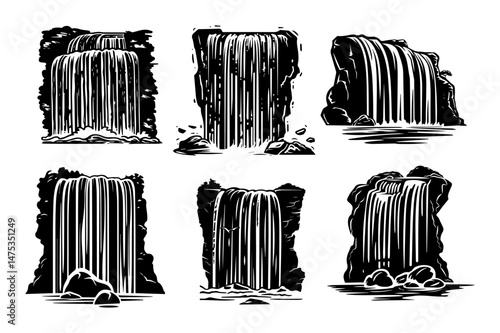 waterfall illustrations in bold black and white tattoo style
