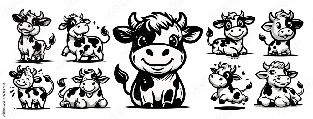 cute cartoon cow illustrations in black and white vector style cute cartoon cow illustrations in black and white vector style